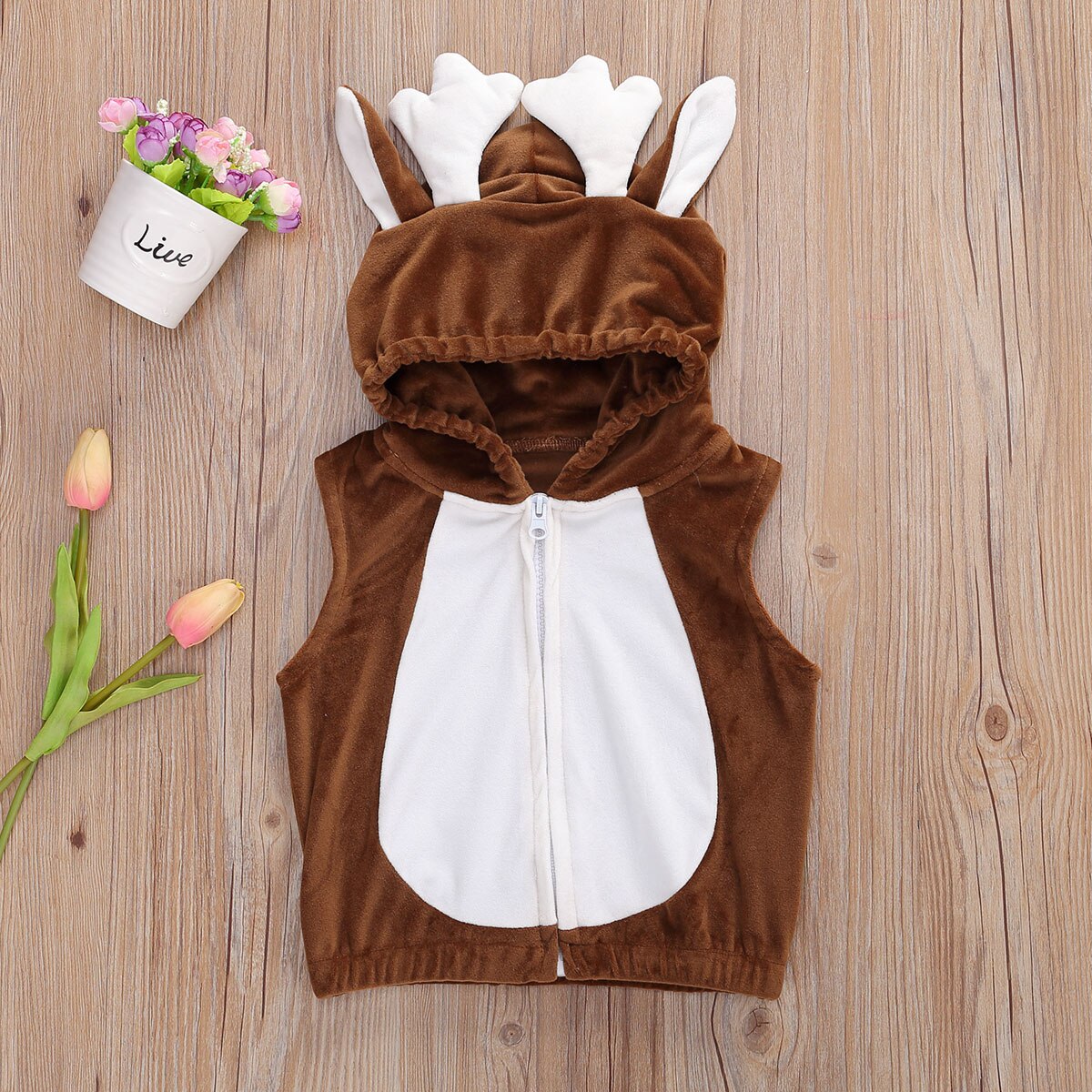 Emmababy-Chaleco con capucha de ciervo en 3D para niño y niña, traje de felpa con orejas de astas, sin mangas con cremallera, invierno de