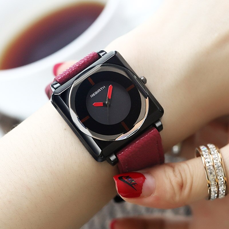 Reloj REBIRTH para mujer, relojes cuadrados de pulsera para mujer de la mejor , relojes de pulsera de cristal de cuero contraído, relojes de pulsera de cuarzo para mujer, reloj relog