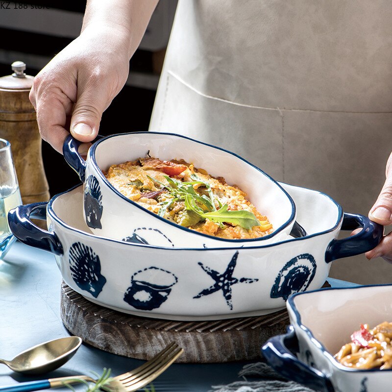 Nordic Ocean Style Ceramic Plates Set Baking Pan Household Dishes Binaural Square Round Cheese Baked Rice Bowl Retro