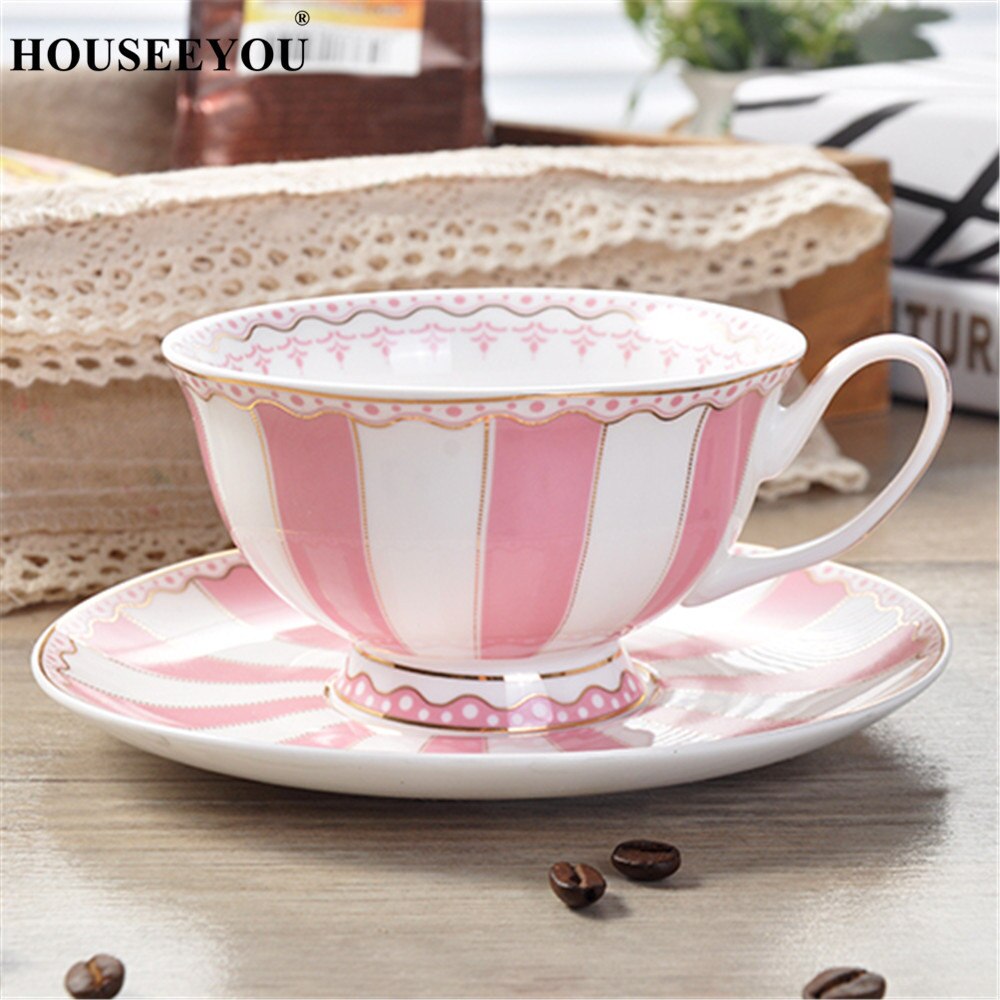 HOUSEEYOU European Rainbow Bone China Coffee Cup Teacups Saucer Set Ceramic Cup Advanced Porcelain Valentine Tea Cup: Pink