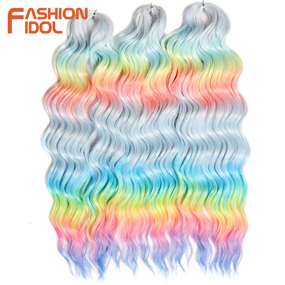 IDOL 24 Inch Synthetic Hair Water Wave Braiding Hair Extensions Ombre Rainbow color Deep Wave Curl Twist Crochet Hair