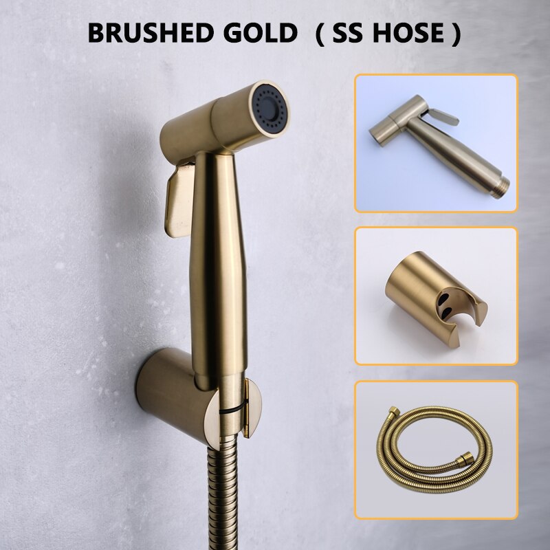 Bidet Shattaff Wc Schoonmaken Abs Sproeier Set Geborsteld Goud Met Rvs/Pvc Slang Plastic Houder Hoge Druk: SET SS HOSE