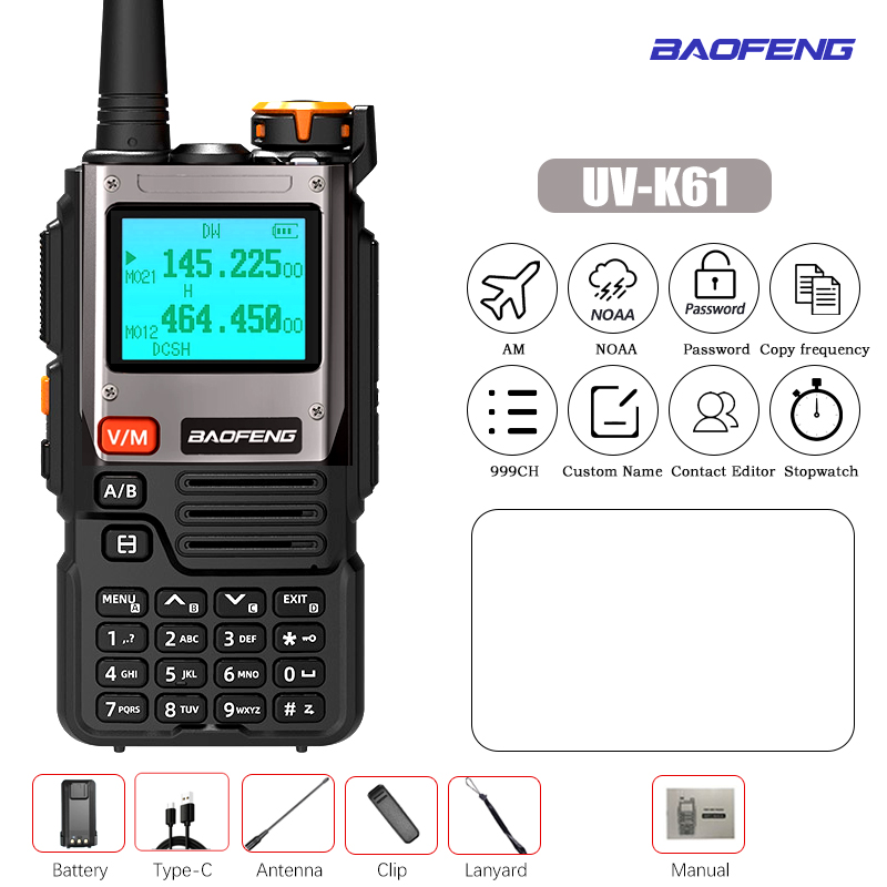 Baofeng-UV-K61 Walkie Talkie, Multi Band, Frequência de cópia sem fio, 999CH, carregador tipo C, UHF, VHF, NOAA, UV-5R, UV K6, K: Vermelho / American