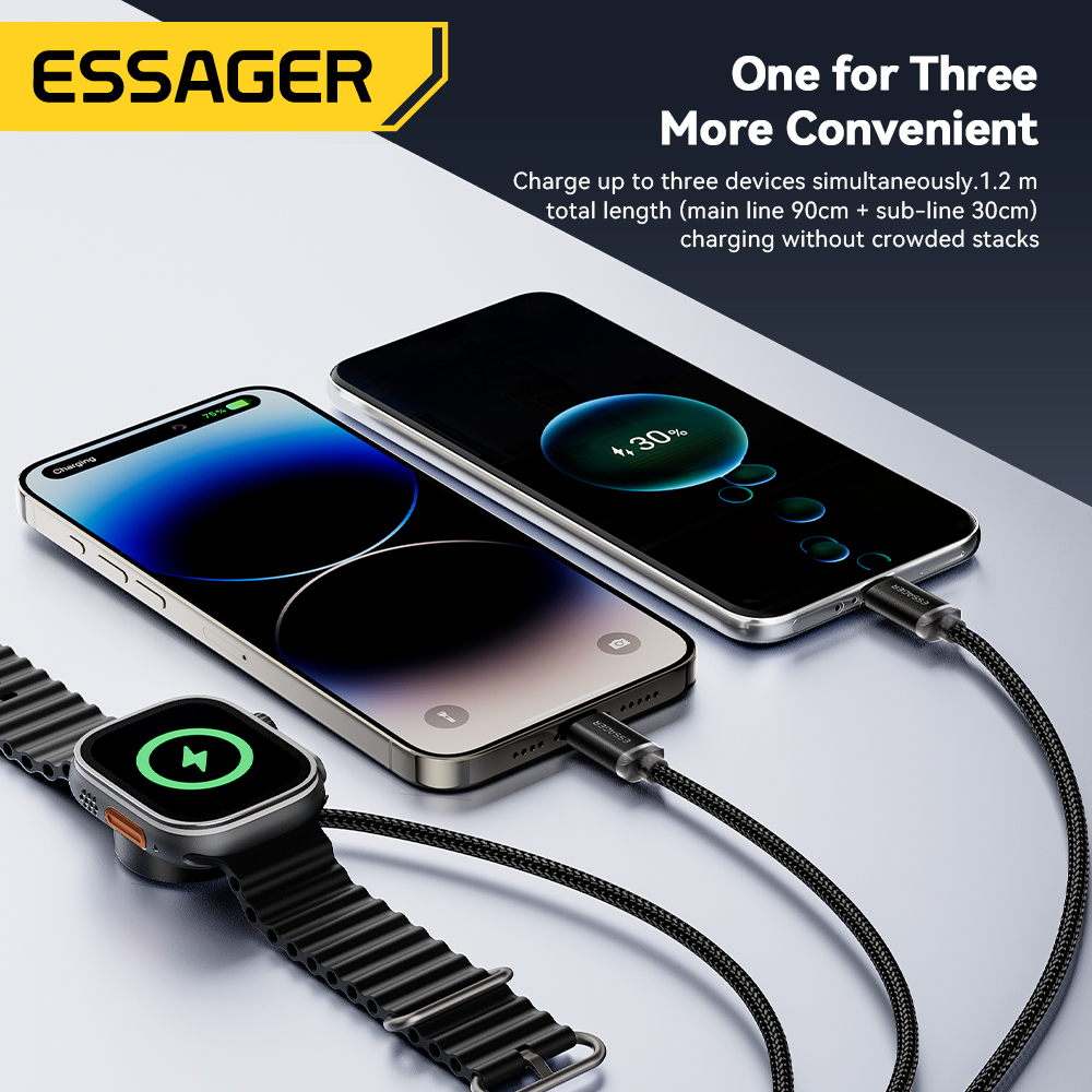 Essager 3-in-1 multi-USB A-oplaadkabel voor Apple iWatch iPhone 16/15/14/13 Pro met USB Type C Lightning snellaadkabel