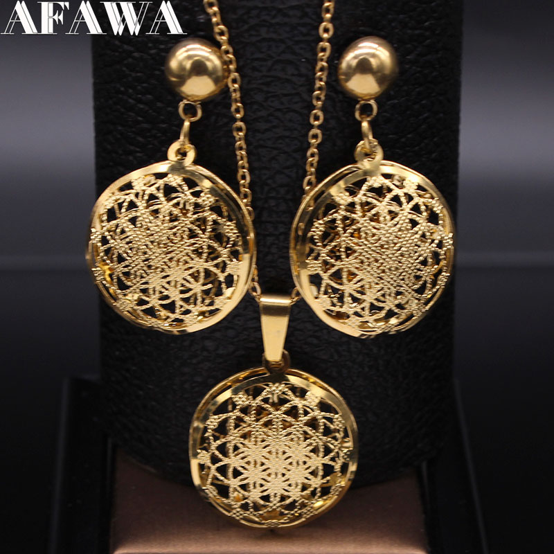 Flower of Life Stainless Steel Jewelry Set Women Hollow Gold Color Necklace Earrings Set Jewelry set acero inoxidable S1341S01