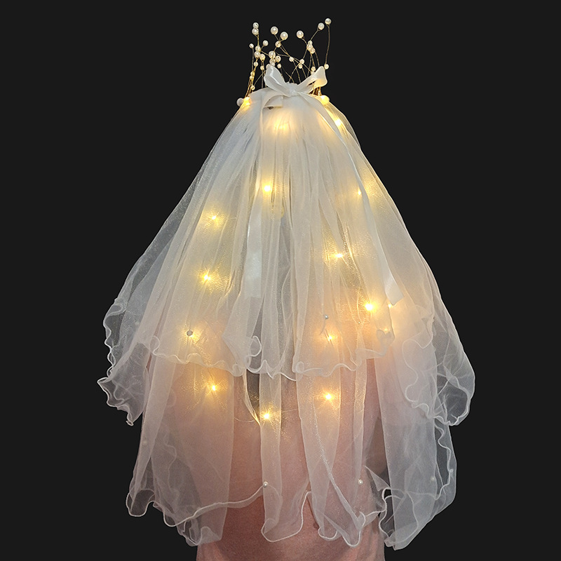 LED Flower Tulle Veil Headband Light Wreath Crown Women Girl Glow Party First Communion Wedding Luminous Festival Costume: Warm light