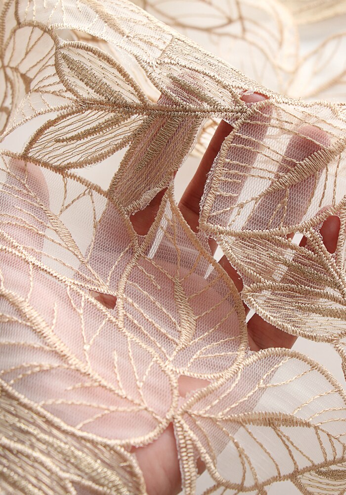 WunderschöNe Champagner Organza Gold Gewinde Blatt Hohl Stickerei Stoff Hochzeit Kleid Kleidung Handgemachte Diy Stoff