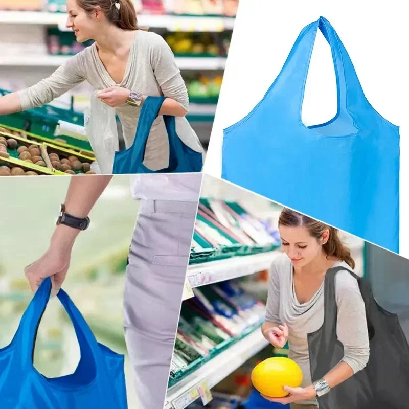 Foldable Shopping Bag Reusable Travel Grocery Bag Eco-Friendly One Shoulder Handbag for Travel Solid Color Supermarket Tote Bags