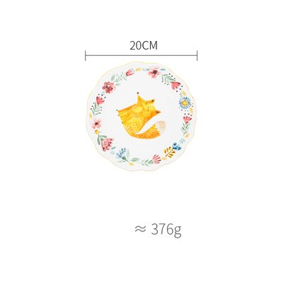 ceramic plate 8inch cute carton dishes and plates sets floral fox printed under glazed dinner plates round children dessert dish: YELLOW FOX