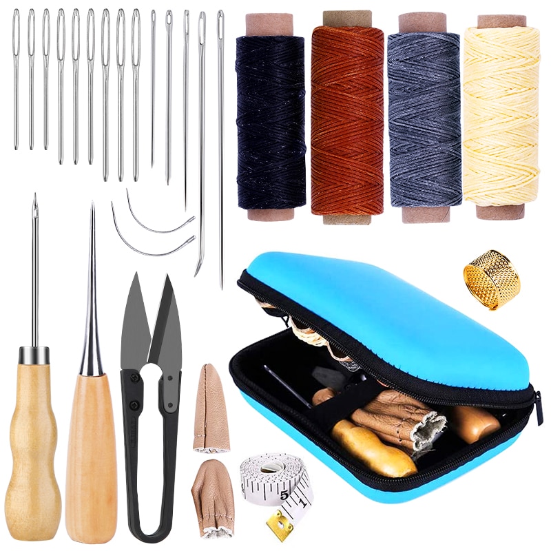 IMZAY-Kit de costura de cuero con hilo encerado, agujas de coser de cuero con ojo grande, cinta métrica, conjunto de herramientas de costura para artesanía de cuero