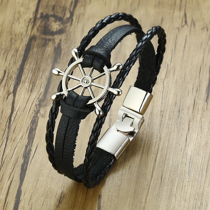 Pulsera de cuero multicapa con timón de marinero para hombre y mujer, brazaletes náuticos, brazalete Vintage,