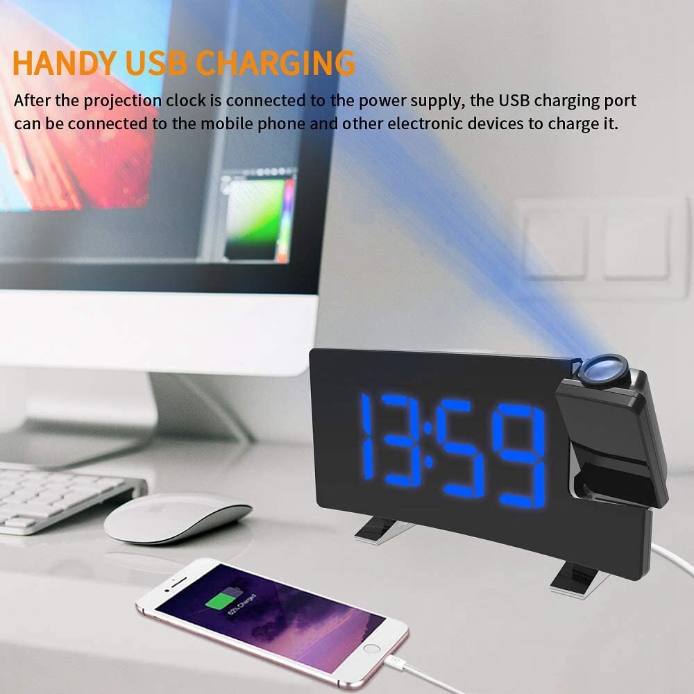 7 inch Alarm Clock Timer FM Radio Digital LED Clock Rotating Backlight Projector USB Charging Projection Backlight Home Decor