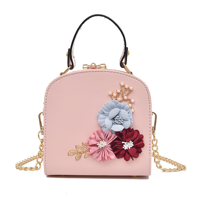 Handmade Flowers Bucket Bags Women Mini Shoulder Bags With Chain Drawstring Small Cross Body Bags Pearl Bags Leaves Decals: Pink