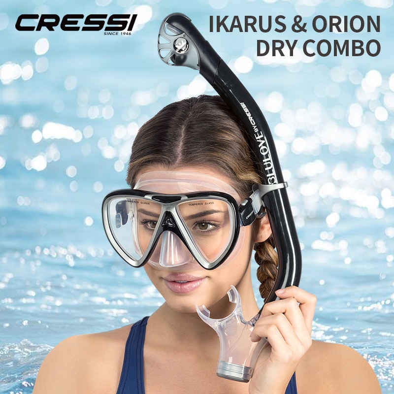 Cressi IKARUS-máscara de buceo, conjunto de esnórquel, máscara de silicona de secado superior, Combo de lentes de vidrio templado para adultos