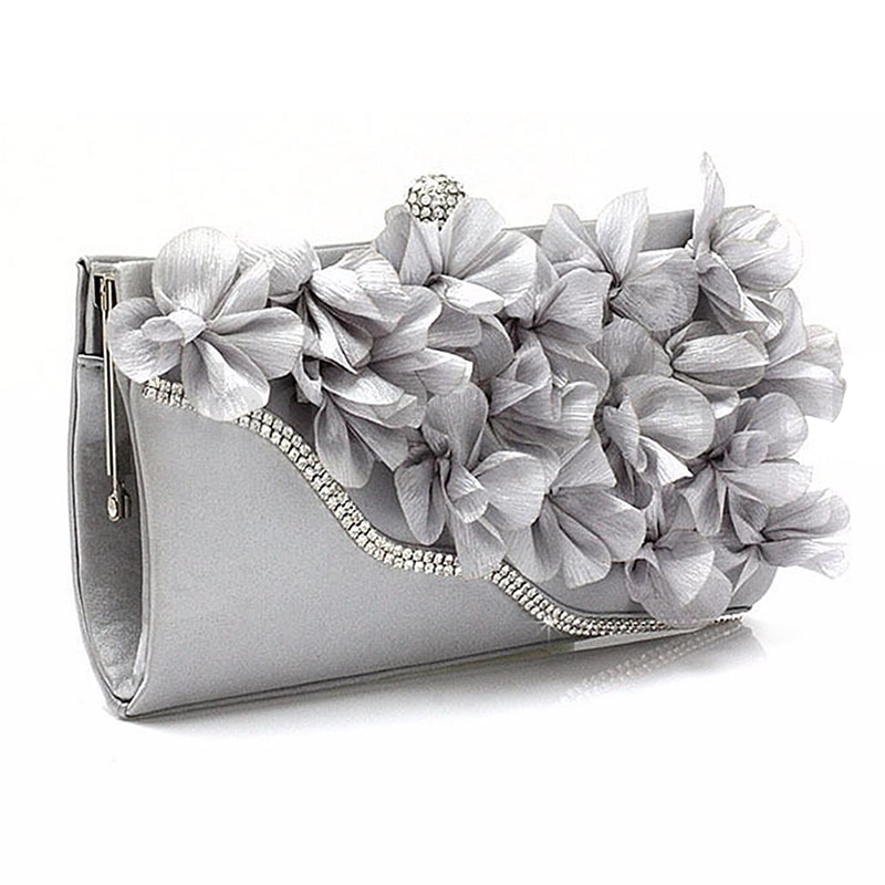 Lady Satin Clutch Bag Bloem Avond Party Wedding Purse Chain Schouder Handtas Kleuren: Zilver