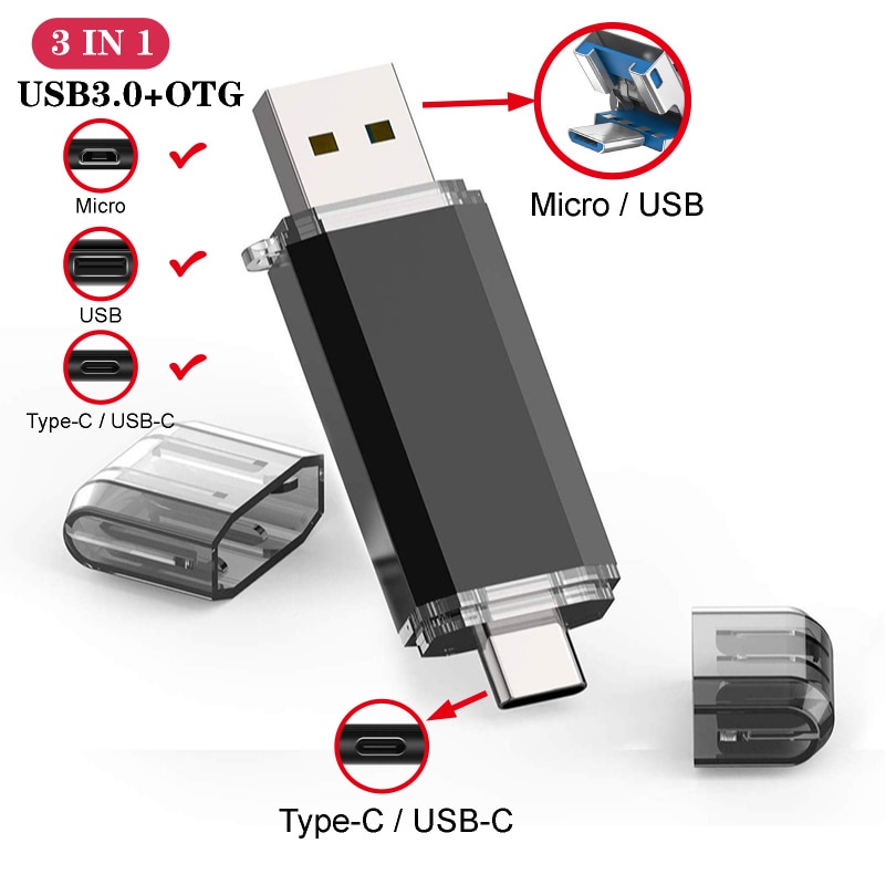 USB Flash Drive 3 IN 1 USB3.0 &amp; Type C OTG Pen Drive 32GB 64GB 128GB 256GB 512GB High Speed USB Stick Pendrives