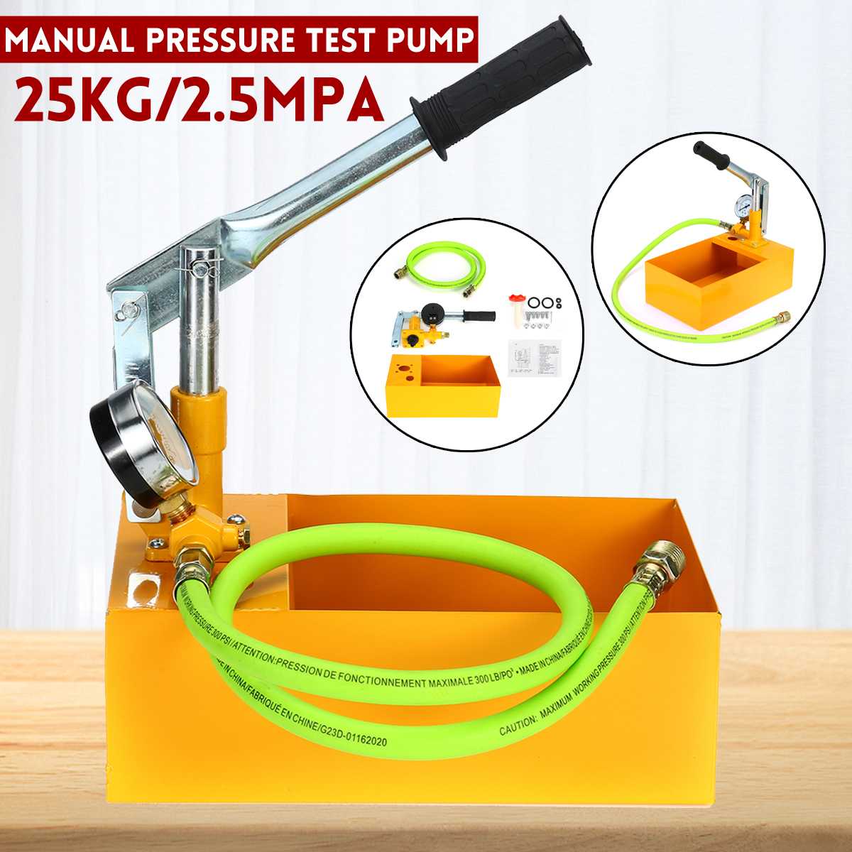 Aluminum 2.5MPa Pressure Test Pump 25KG Water Pressure Tester Manual Hydraulic Test Pump Machine Measuring Tools with G1/2" Hose