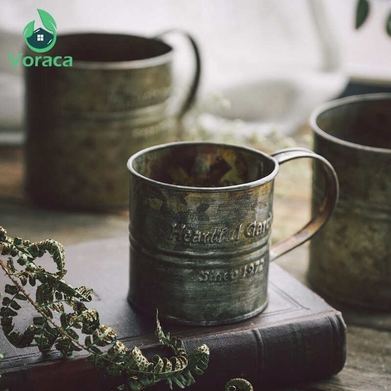 Tasse à poignée en fer rétro en métal, Vintage, impression anglaise en fer forgé, tasse à fruits, seau à fleurs, accessoires de maison, décoration de photographie