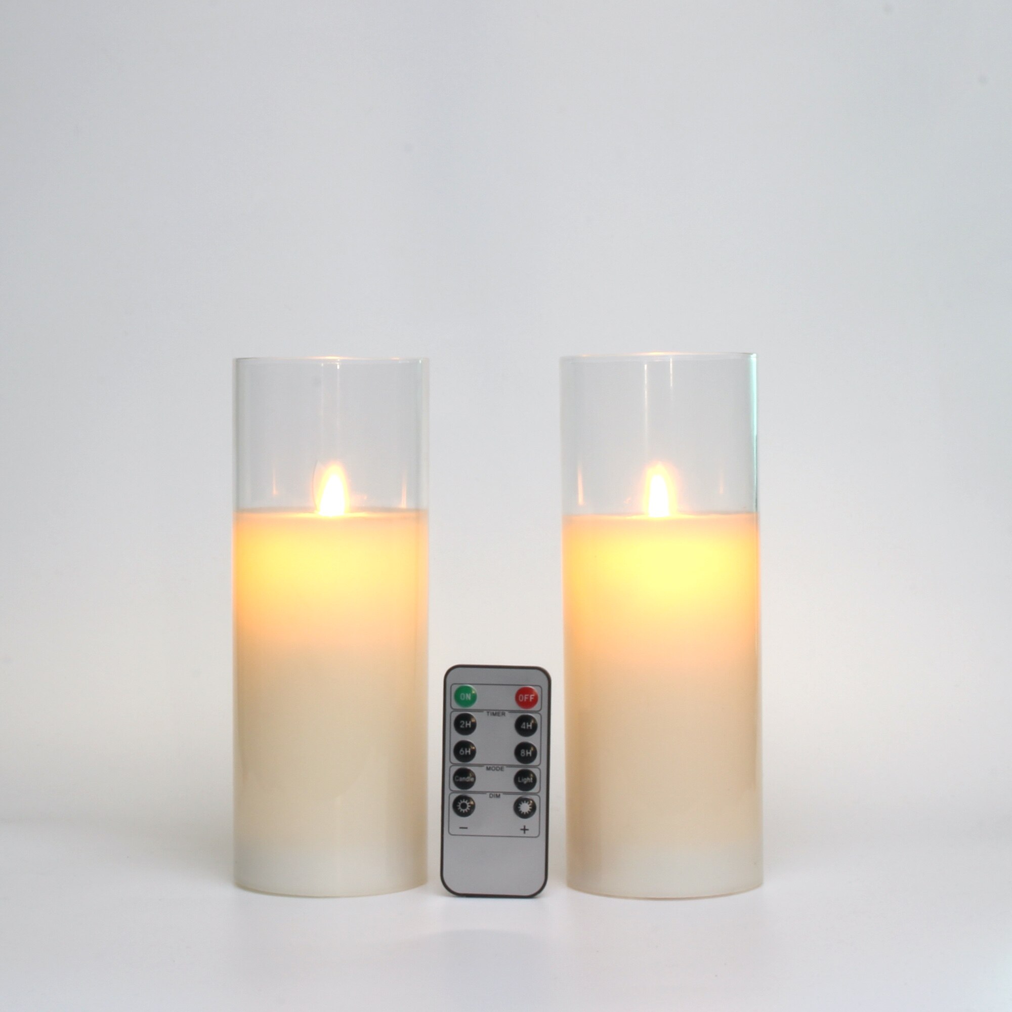 Glass Flameless Candles Set 8" 10" 12" Battery Operated Real Wax Pillars Glass LED Candles With Remote Control Cycling Timer: 2 pcs 8inch set