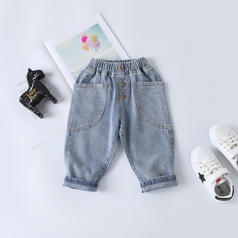 Nuevos pantalones vaqueros de para bebés, pantalones de mezclilla de Color liso con cintura elástica para otoño, pantalones vaqueros casuales para niños y niñas, ropa de primavera