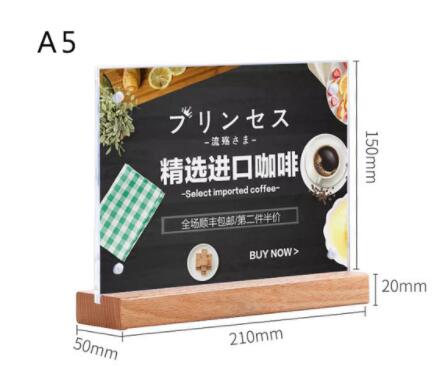 A6/a5/a4 egetræs akryl bordskilt menukortholder prisskærm display stærk magnetisk plakatramme til restaurantreklame: A5 vandret