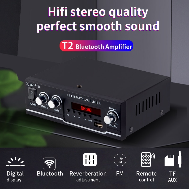 Kinter T2 Hifi voiture amplificateur Audio 2.0CH 20W son stéréo pour bluetooth USB TF entrée FM alimentation radio AC220V DC 12V noir