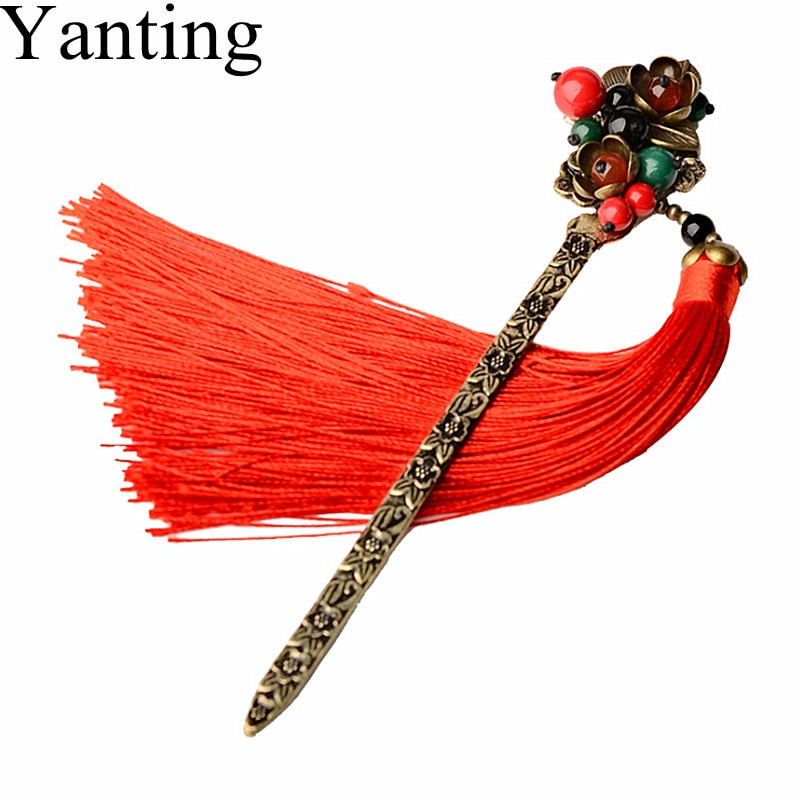 Yanting Super Long Tassel Hairpins For Women Ancient Copper Alloy Flower Hair Sticks Bridal Hair Jewelry Colorful Stones 035