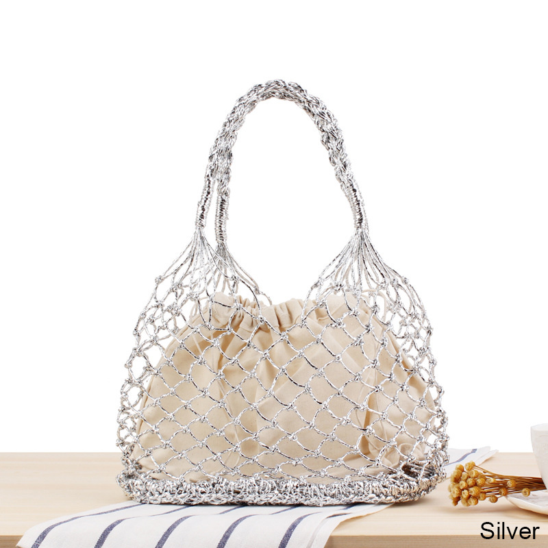 INS Chic Zomer Strand Tassen Katoen Hollow Mand Composiet Tas Leisure Stro Tas voor Meisjes Vrouwen Handtassen Mesh Touw Netto tassen: silver