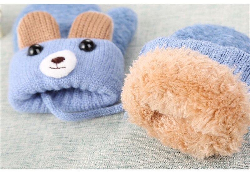 Newborn Kids Cartoon Cute Baby Boys Girls Winter Warm Gloves Wool Mittens Thick Knit Full Rope Finger Warmer Gloves 0-3Y