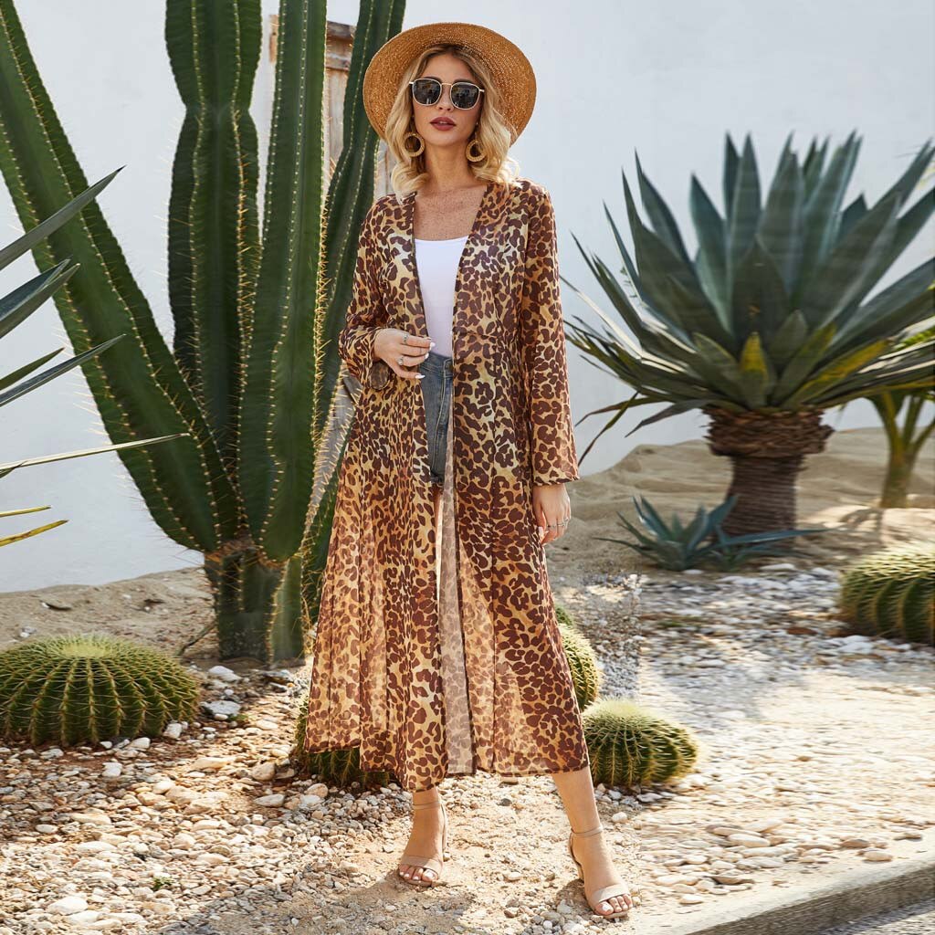 Women Leopard Print Chiffon Beach Kimono Long Cardigan Blouse Shawl Tops Outwear Leisure Comfortable trends