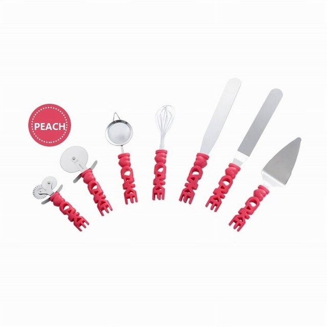 Baking Tools Set Stainless Steel Cake Pizza 9-Piece Baking Supplies Pastry Wheel Mesh Strainer Icing Spatula: Rosy
