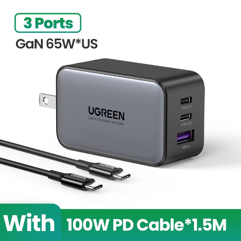 UGREEN 65W GaN ładowarka szybkie ładowanie 4.0 3.0 typ C PD ładowarka USB dla iPhone 12 13 Pro Max szybka ładowarka do laptopa PD ładowarka: 3 Port US 100W Cable