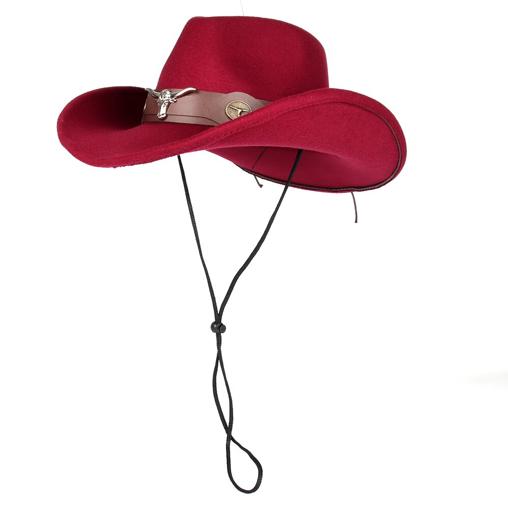 Cappello da cowboy occidentale da donna in lana da uomo con cappello da cowgirl jazz a tesa arrotolata con cintura a testa di toro cappello da sombrero fedora Chiesa: vino rosso