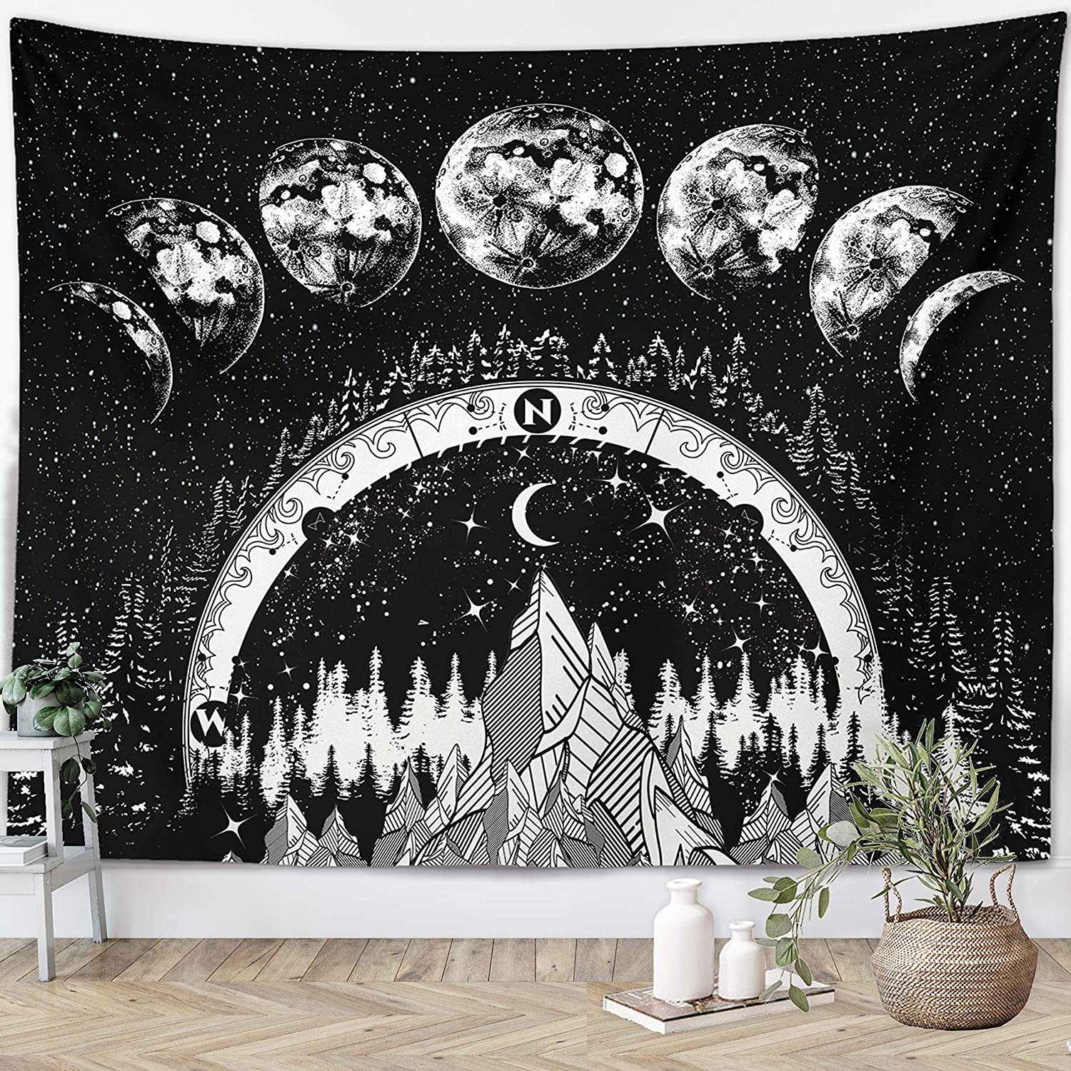 Starry Night Moon Landschap Sky Muur Opknoping Bohemian Zwart Wit Decor Galaxy Tapestry Voor Boerderij Decor Keuken
