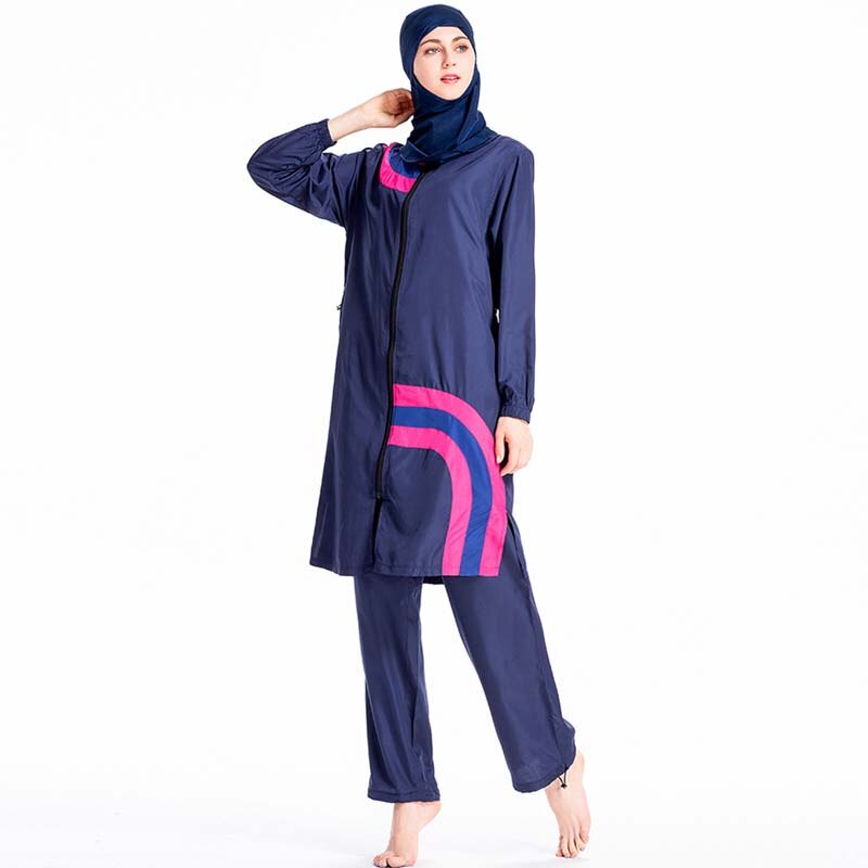 Muslim Swimwear Burkinis Women Modest Patchwork Full Cover Long Sleeve Swimsuit Short Sleeves Swim Wear Islamic Swimsuit: Navy blue / XXL