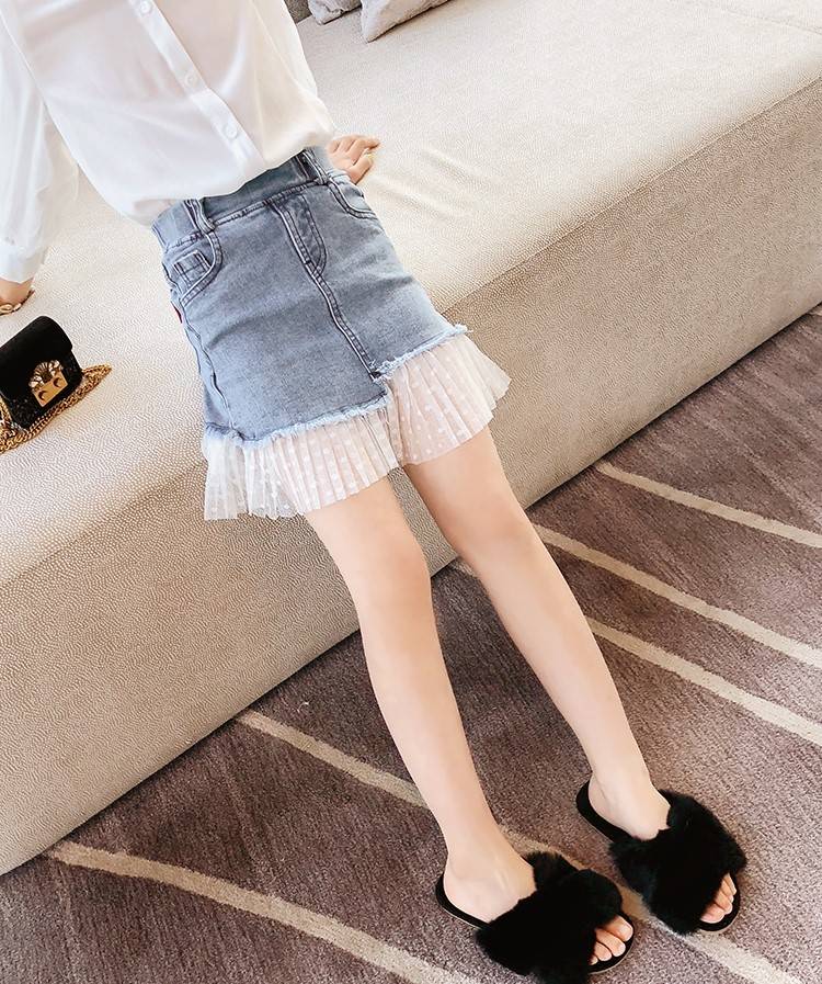 Sommer børn piger blå denim splejsning blonder mini nederdel korte jeans nederdele knælang nederdel børnetøj 4-9t
