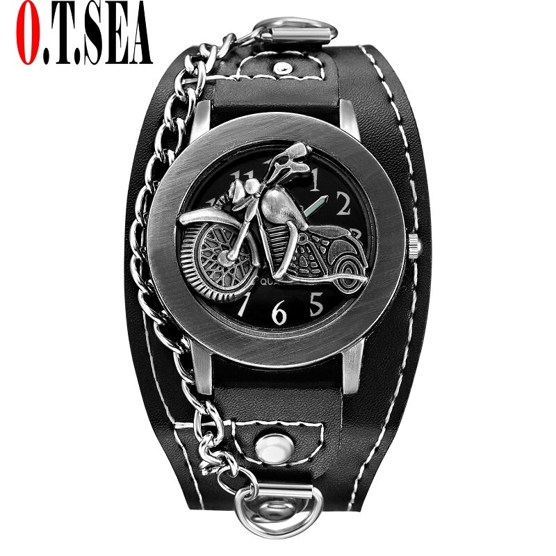 Sales O.T.SEA Brand Cool Motorcycle Skull Leather Watch Men Sports Quartz Wrist Watch Relogio Masculino 1831-4