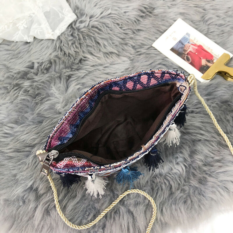 Dam axelväskor mini crossbody väskor bohemiska vävda etniska mönster väska tofs handväska /nr