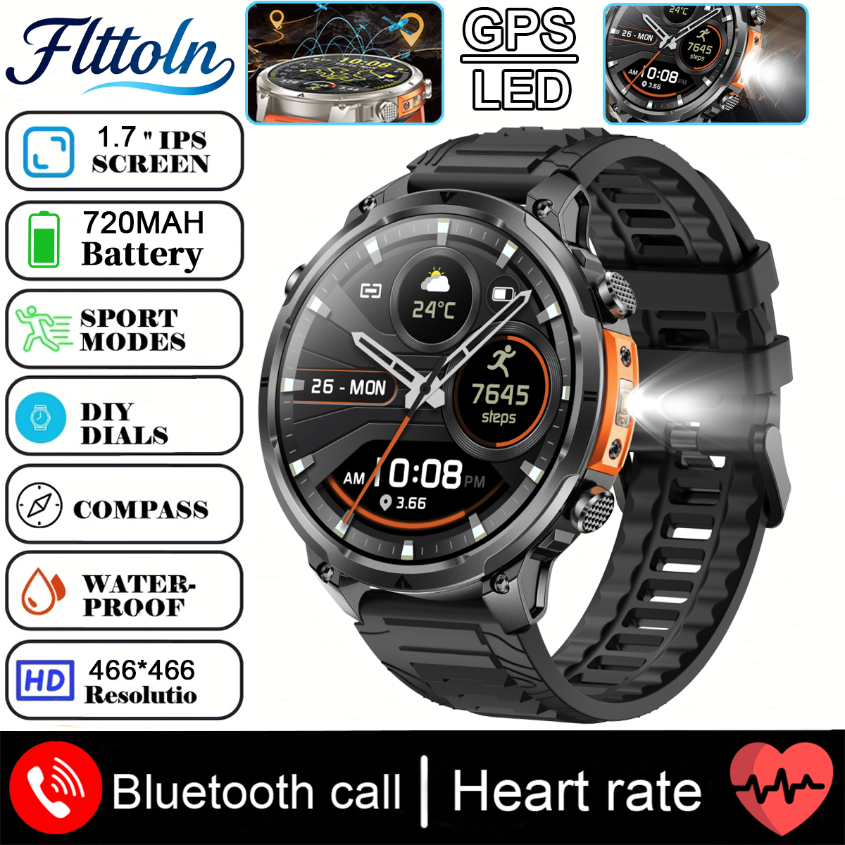 2025 Nuovo Militare GPS Astuto Della Vigilanza 3ATM Impermeabile 650mAh Batteria BT Chiamata Frequenza Cardiaca Pressione Sanguigna Sport tracker Smartwatch Da Uomo: verde