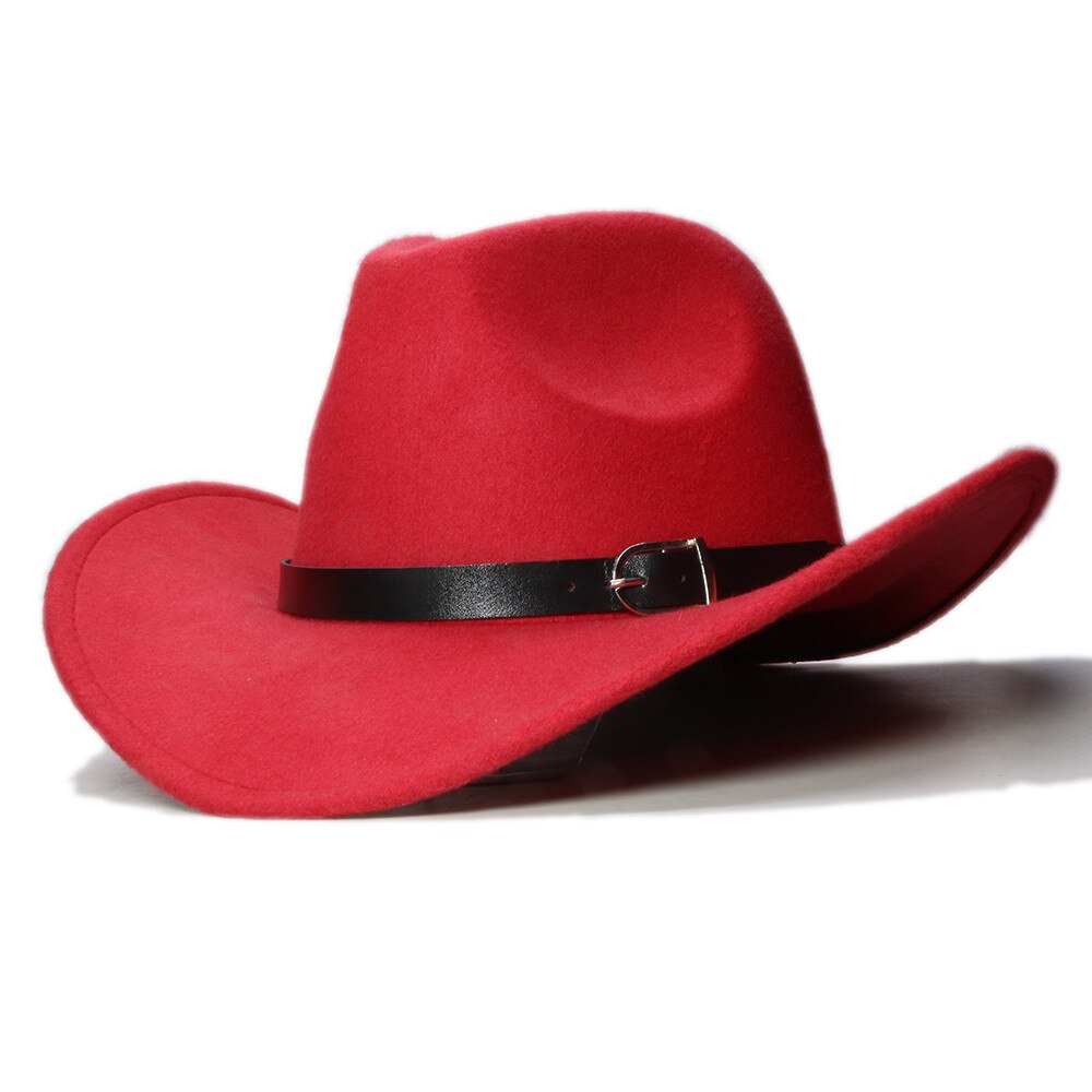 LUCKYLIANJI-Sombrero de banda de cuero occidental para niños, sombrero de ala ancha estilo Country, fieltro de lana, Jazz, Chapeu, vaquero: Rojo