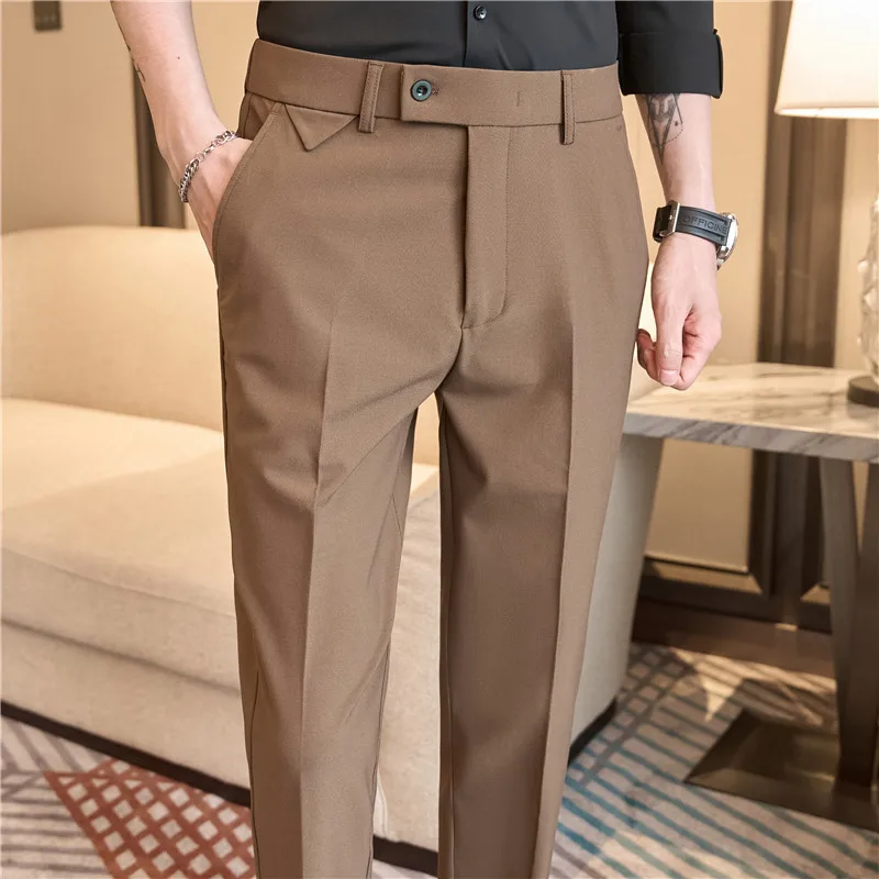 Men Suit Pants spring Elastic waist Solid Slim Fit Dress Pants Office Business Casual Trousers Men's clothing: 30 / Beige