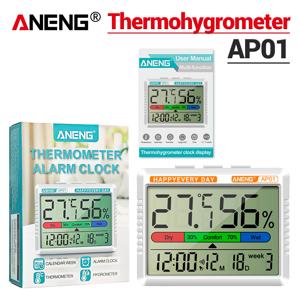 ANENG AP01 LCD Digital Thermometer Hygrometer Indoor Room Temperature Humidity Meter Alarm Clock Weather Station For Home: WHITE