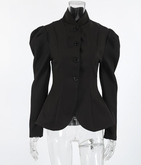 Mini abito nero elegante da donna con colletto rialzato retrò con maniche a palloncino stile pendolare e una piccola giacca in stile profumato