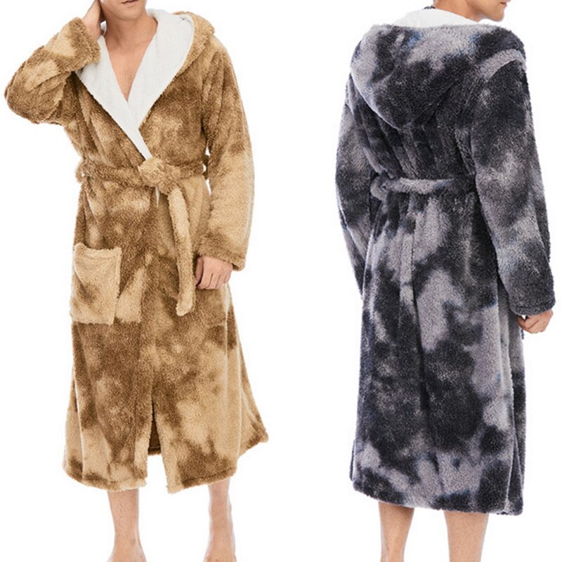 Winter Warm Flannel Bathrobe Men Knee-Length Bath Robe Soft Thick Tie-dye Print Plush Hooded Robes Male Dressing Gown Sleepwear