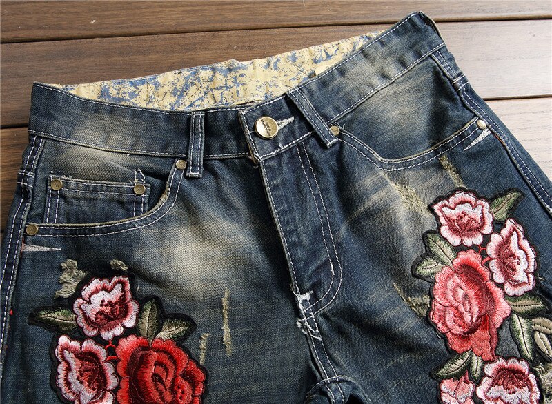 Vaqueros con flores bordadas para hombre, vaqueros de a la , de clásico y de