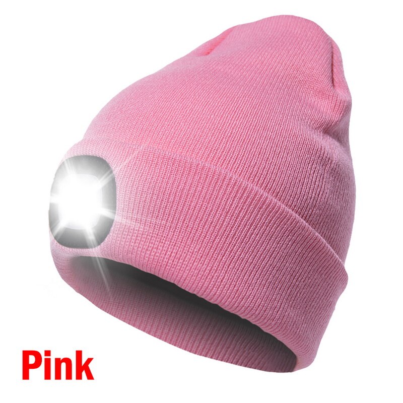 Winter Unisex Warmer Knit Cap Hat Button Battery LED Beanie Cap LED Spot light hat LED light headlights: pink