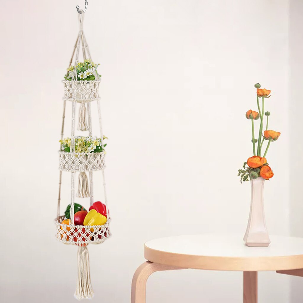 Cesto di frutta appeso Macrame a 3 livelli per cucina appeso amaca di frutta per cesto portaoggetti da parete per organizzazione di verdure, Boho Decor