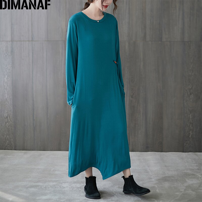 Dimanaf plus koko naisten mekko pitkähihainen perus lady vestidos kiinteä puuvilla neulottu syksy talvi mekko löysät naisten vaatteet: Yjyl 2294- lan / Xxl