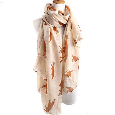 YGYEEG Women Fox Scarf Voile Girl Long Cute Fox Print Scarf Wraps Shawl Soft Scarves Female Cute Tippet Foulard Cachecol Shawl: Beige Big pattern