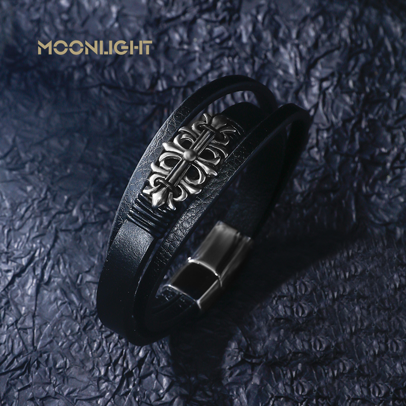 Bracciale Uomo In Pelle Intrecciata Con Croce, Acciaio Inossidabile 316L Nero, Lunghezza 20 Cm